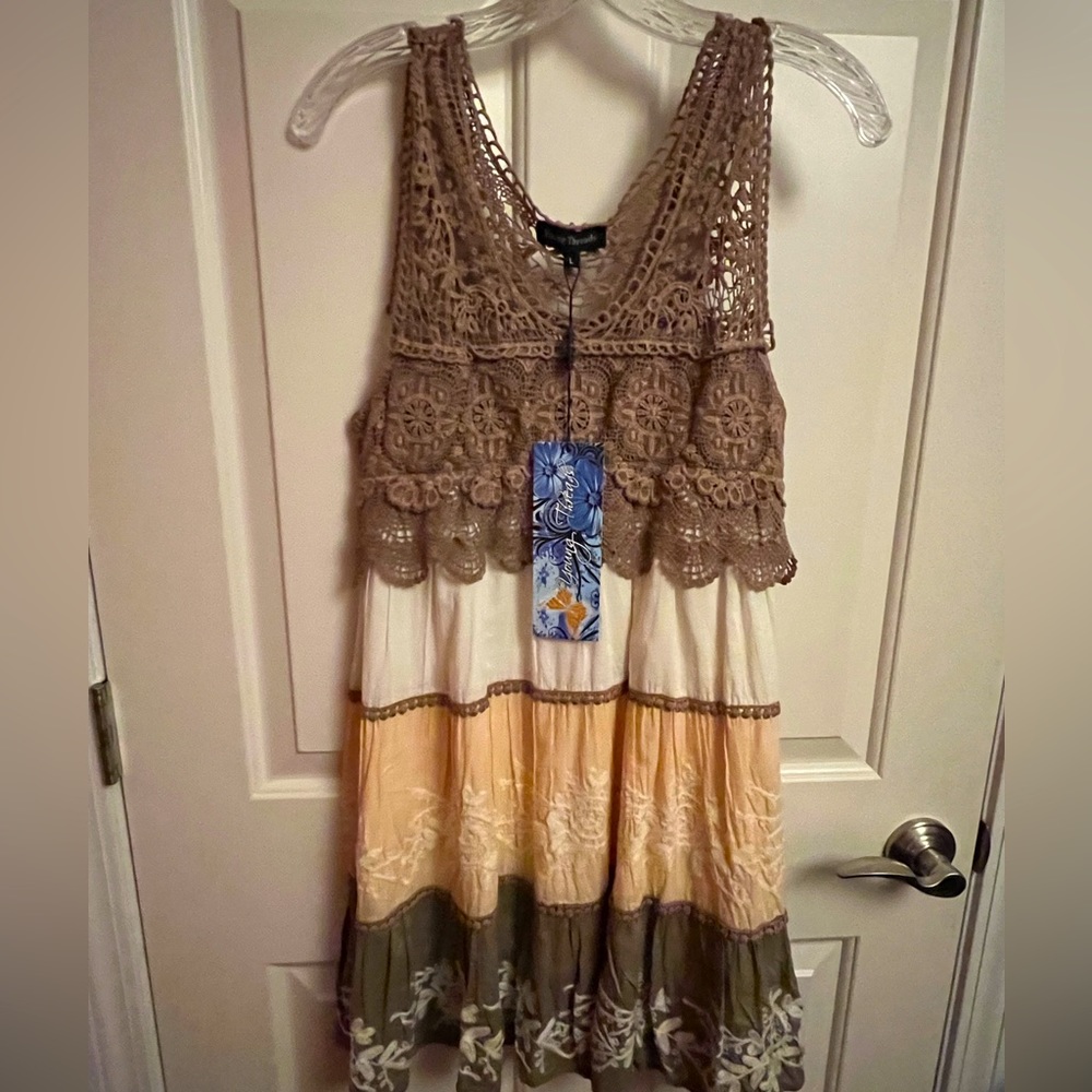 Boho boutique crochet and color block dress